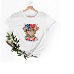 patriotic cow shirt, 4th of july t-shirt, independence day shirt, america flag, highland cow tee, cow bandana usa tees,