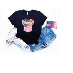4th of july cat bubblegum, patriotic cat sunglasses bandana, bubble gum pig shirt, 4th of july gift, pig blowing bubble