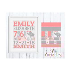 baby birth announcement svg - dxf - eps - baby stats - metric - elephant - template - silhouette - cricut - digital cut file
