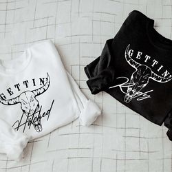 bachelorette party favor sweatshirt, getting hitched, getting rowdy, bridesmaid group shirt, team bride sweatshirt,weddi