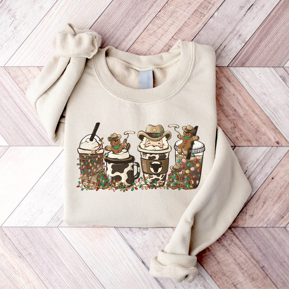 Country Western Cowboy Santa Coffee Latte Sweatshirt, Howdy Rodeo Christmas Coffee Sweatshirt, Women's Christmas Shirt, Winter Coffee Shirt - 1.jpg