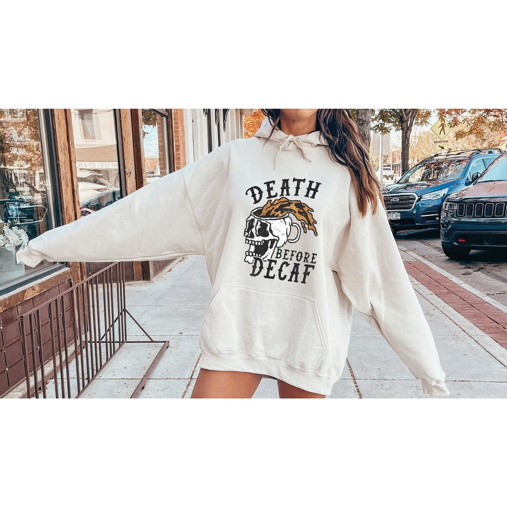 Death Before Decaf Sweatshirt, Womens Halloween Fall Coffee Sweatshirt, Cute Skull Hoodie, Skeleton Shirt, Pumpkin Spice Coffee Shirt - 1.jpg