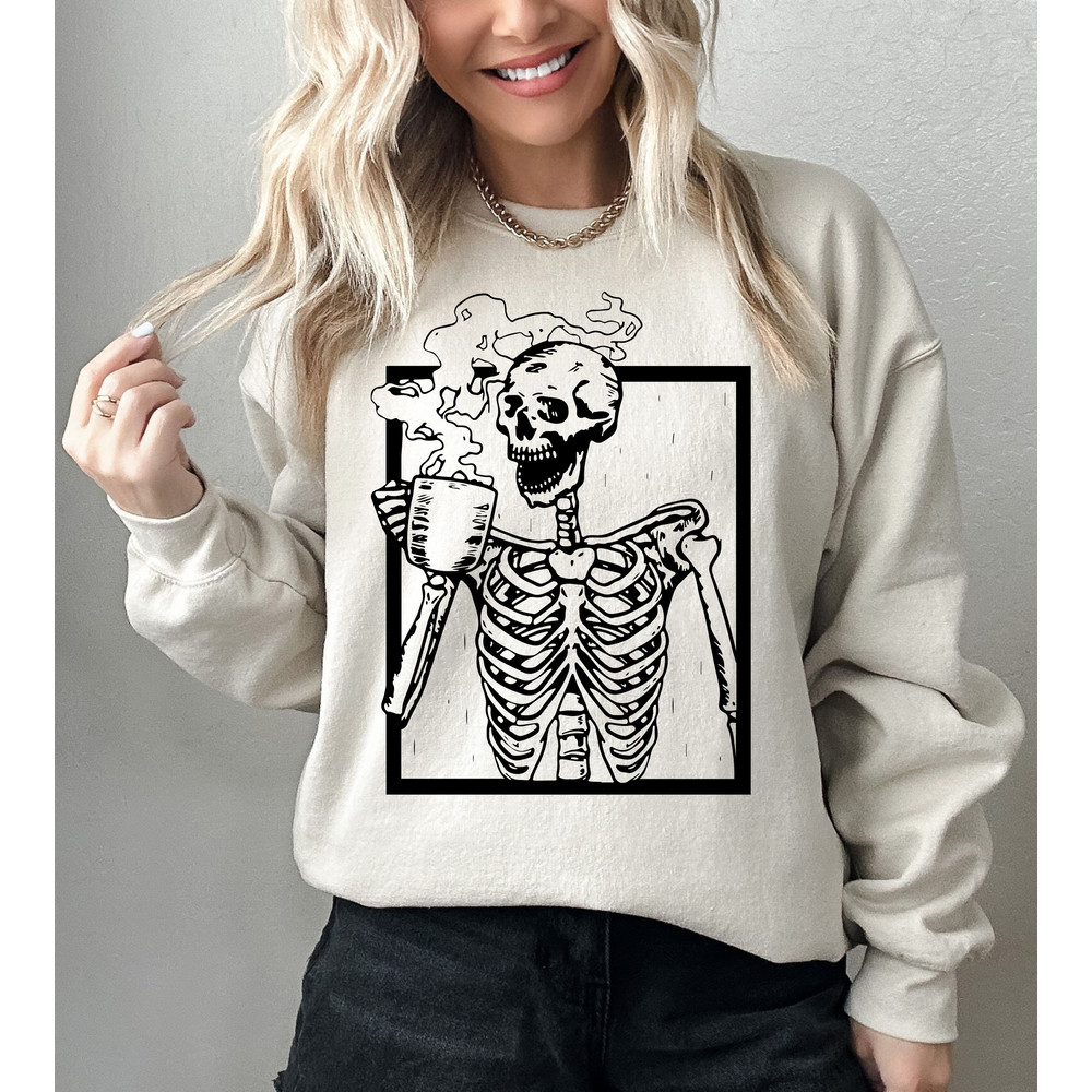 Funny Coffee Skeleton Sweatshirt, Skeleton Sweatshirt, Halloween Skeleton Shirt, Skeleton Halloween Costume, Coffee Sweatshirt for Fall - 1.jpg