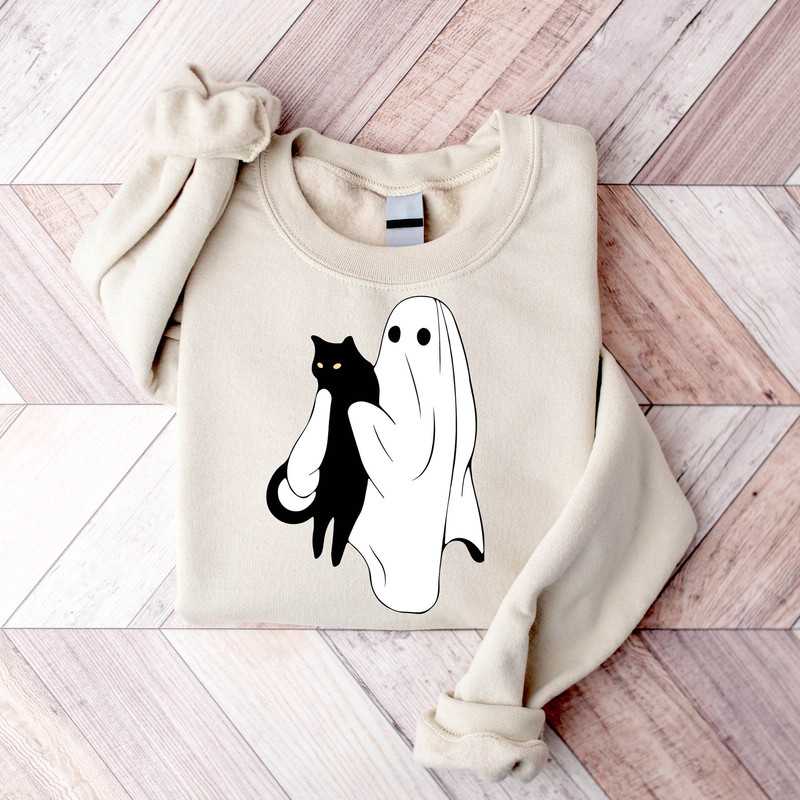 Ghost Cat Halloween Sweatshirt, Cute Ghost Sweatshirt, Halloween Cat Shirt, Halloween Crewneck, Spooky Season, Fall Sweatshirt for Women - 1.jpg
