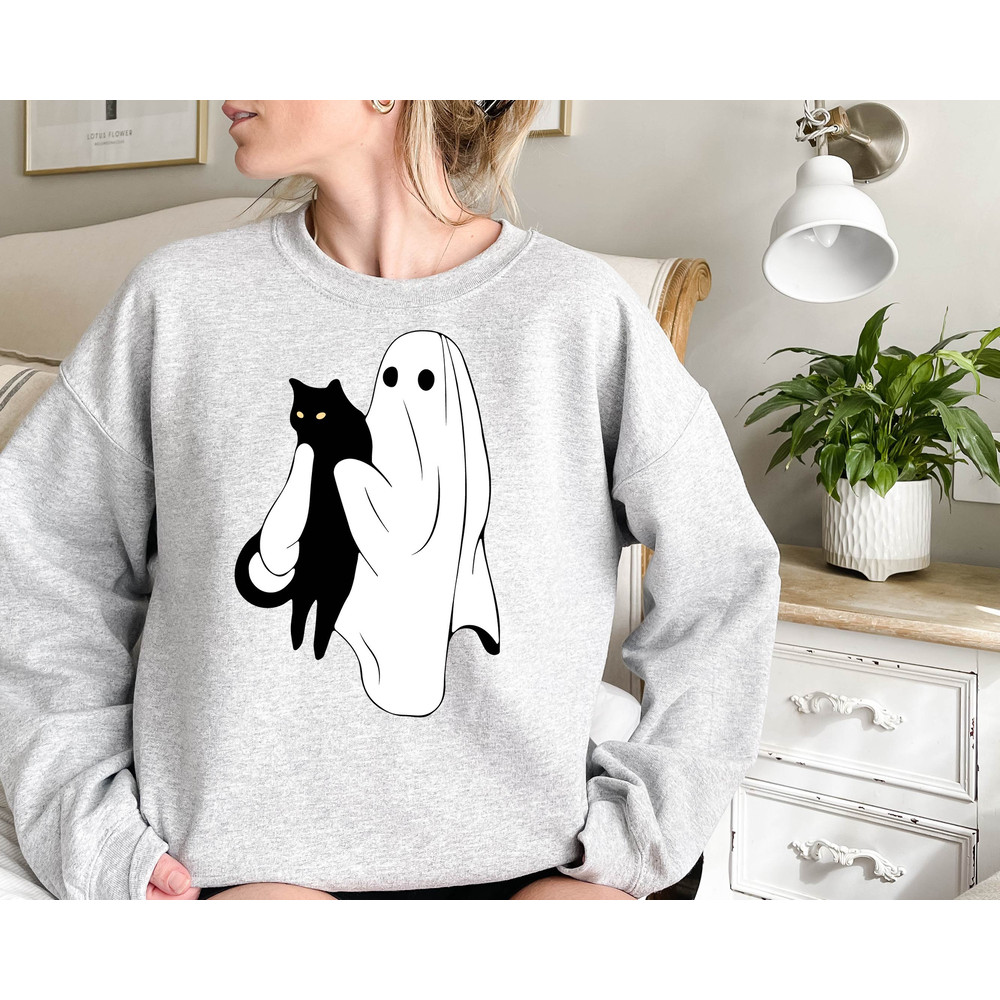 Ghost Cat Halloween Sweatshirt, Cute Ghost Sweatshirt, Halloween Cat Shirt, Halloween Crewneck, Spooky Season, Fall Sweatshirt for Women - 2.jpg
