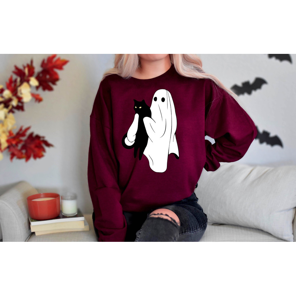 Ghost Cat Halloween Sweatshirt, Cute Ghost Sweatshirt, Halloween Cat Shirt, Halloween Crewneck, Spooky Season, Fall Sweatshirt for Women - 4.jpg