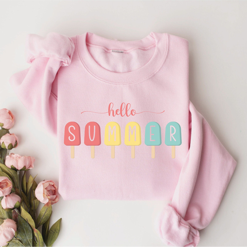 Hello Summer Sweatshirt, Popsicle Written Summer Welcome Outfit, Colorful Holiday Sweatshirt, Family Vacation Apparel, Gift for Traveler - 1.jpg