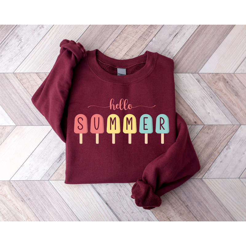 Hello Summer Sweatshirt, Popsicle Written Summer Welcome Outfit, Colorful Holiday Sweatshirt, Family Vacation Apparel, Gift for Traveler - 4.jpg
