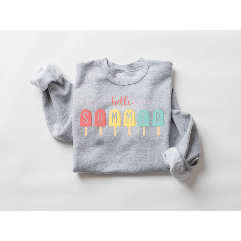 Hello Summer Sweatshirt, Popsicle Written Summer Welcome Outfit, Colorful Holiday Sweatshirt, Family Vacation Apparel, Gift for Traveler - 7.jpg