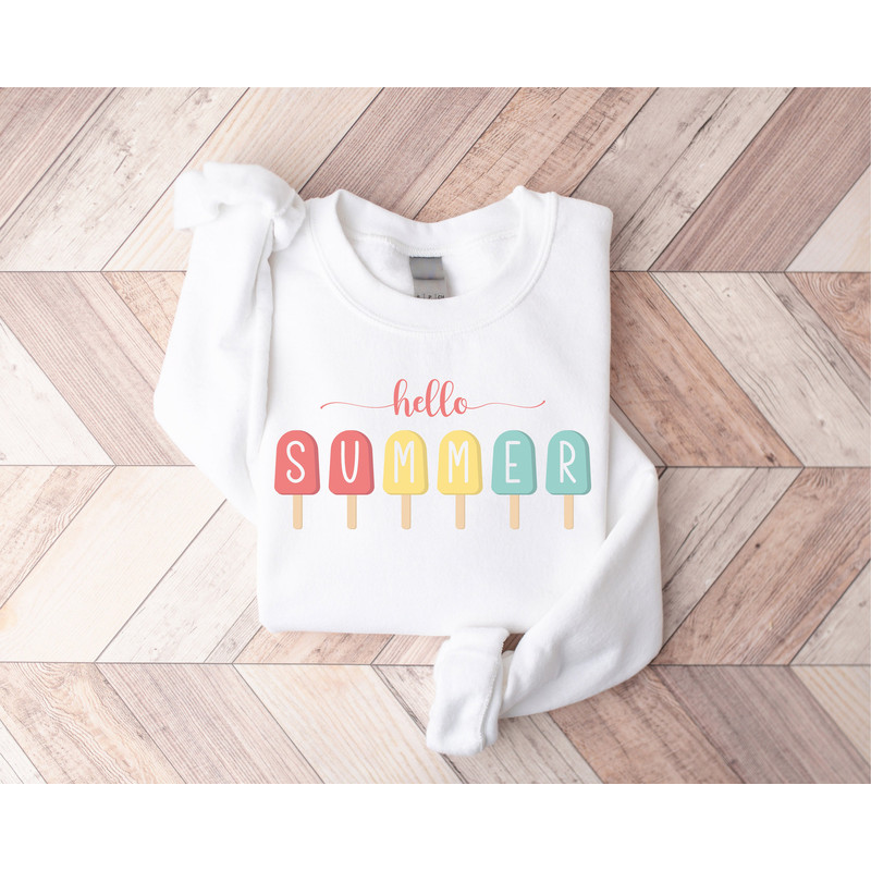 Hello Summer Sweatshirt, Popsicle Written Summer Welcome Outfit, Colorful Holiday Sweatshirt, Family Vacation Apparel, Gift for Traveler - 8.jpg