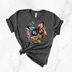womens butterfly tee, nature tee, floral shirt png, floral butterfly tee, wildlife tee, cute, eco tee, nature gift