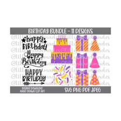 Happy Birthday Svg Bundle, Birthday Cake Svg, Happy Birthday Clipart, Confetti Svg, Gift Box Svg, Happy Birthday Png Bundle, Party Hat Svg
