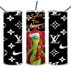 Dr Seus the grinch tumbler, grinch and his dog png, lou-is vui-ton background png, christmas grinch, digital download