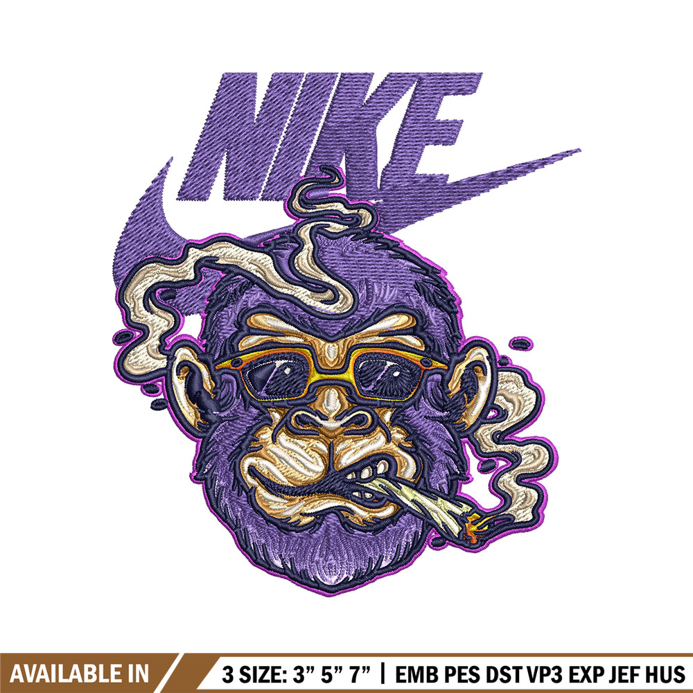 Monkey head smoking Nike Embroidery design, Monkey Embroidery, Nike design, Embroidery file, Instant download..jpg