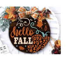 hello fall door hanger svg leopard pumpkin svg, fall door hanger svg, autumn door hanger svg laser cut files front door sign glowforge
