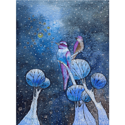 Two birds painting Original watercolor Graphic art Night artwork Blue colour art by Rubinova
