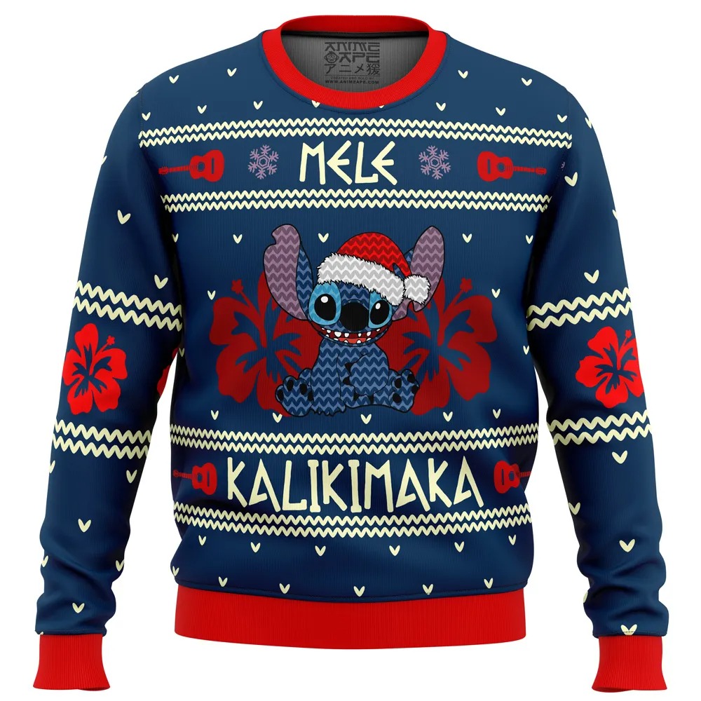 Stitch Mele Kalikimaka All Over Print Hoodie 3D Zip Hoodie 3D Ugly Christmas Sweater 3D Fleece Hoodie
