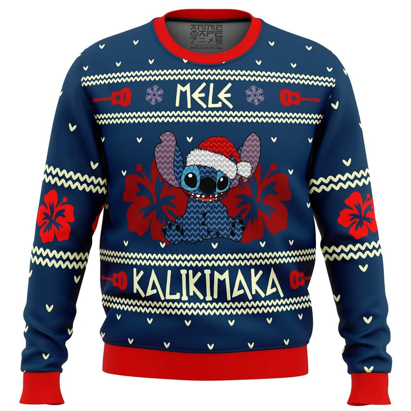 Stitch Mele Kalikimaka All Over Print Hoodie 3D Zip Hoodie 3D Ugly Christmas Sweater 3D Fleece Hoodie
