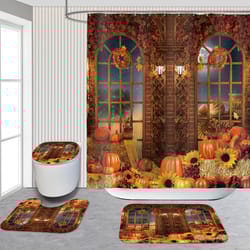 4pcs fall harvest theme thanksgiving pumpkin shower curtain sets, bathroom sets with shower curtain and rugs