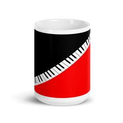 Jazz Up Your Java: Ceramic Coffee Mug Featuring Red & Black Piano Key Design. A gift for a musician, music lover.  Notes