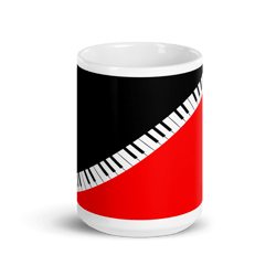 jazz up your java: ceramic coffee mug featuring red & black piano key design. a gift for a musician, music lover.  notes