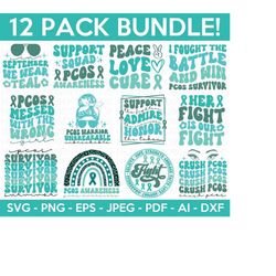 retro pcos awareness svg bundle, pcos svg, pcos survivor svg, awareness ribbon svg, teal ribbon svg, pcos rainbow svg, c