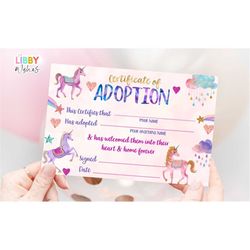 Adopt a Unicorn Certificate Unicorn Adoption  Birthday