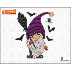 halloween gnome embroidery design, halloween embroidery files, spooky gnome embroidery design, witch broom gnome embroid