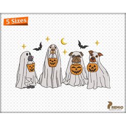 dog ghost embroidery design, four spooky halloween ghost dog embroidery design, halloween pumpkin dog ghost puppy machin