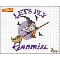 halloween gnome embroidery design, let's fly gnomies, flying gnome on broom machine embroidery file - digital download