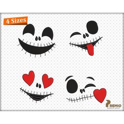 four vintage smiley skull face machine embroidery files, halloween embroidery designs, skelton face embroidery design -