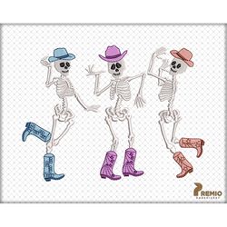 dancing skeletons embroidery design, boo haw howdy cowboy embroidery design, retro western halloween skeleton machine em