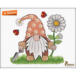gnome embroidery design, spring gnome with daisy flower machine embroidery designs, garden planter gnome with butterfly
