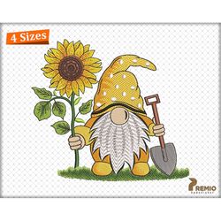 sunflower gnome embroidery design, gnome with sunflower embroidery designs, spring flower bee gnome digital machine embr