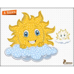 Summer Sun Applique Design, Smiling Sun with cloud Machine Applique Embroidery Design, Embroidery applique sun. Embroide