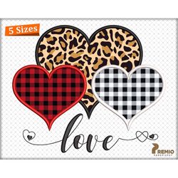 Three Hearts Embroidery Applique Design, Plaid Heart Applique Embroidery Design, Valentine Red Buffalo Plaid Heart Embro