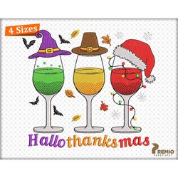Hallothanksmas Embroidery Designs, Christmas Wine Glasses Embroidery Design, Drink Drank Drunk Embroidery File, Christma