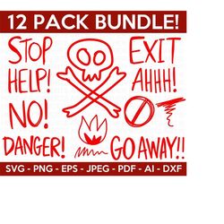 doodle svg bundle, stop svg, help svg, skull svg, bones svg, danger sign svg, fire svg, exit svg, scribble svg, cut files cricut, silhouette