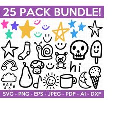 doodle svg bundle, ice cream cone svg, moon svg, mushroom svg, mug svg, music note svg, rain cloud svg, cut files cricut, silhouette