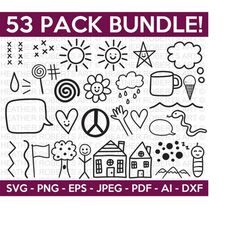 doodle svg bundle, heart svg, sun svg, stick figure svg, flowers svg, hand-drawn heart svg, droplet svg, cut files cricut, silhouette