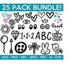 doodle svg bundle, heart svg, arrow svg, bird svg, eyes svg, flower svg, hedgehog svg, diamond svg, dragonfly, cut files cricut, silhouette