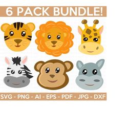 safari jungle animal faces svg bundle, safari svg, cute animal faces svg, lion svg, tiger svg, horse svg, giraffe svg, cut file cricut
