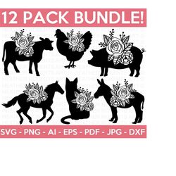 floral farm animals svg bundle, farmhouse svg, farmhouse sign, farmhouse decor svg, floral cow svg, floral chicken svg, cut file cricut