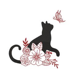 cat with flowers and butterfly, machine embroidery design