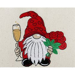 valentine gnome with roses and champagne embroidery file