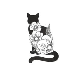 cat silhouette with flowers machine embroidery design