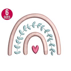 boho rainbow embroidery design, with heart, leaves, machine embroidery file, instant download