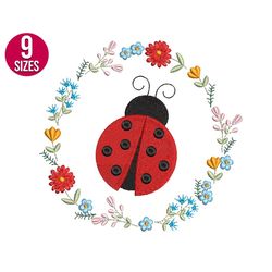 ladybug wreath embroidery design, floral, machine embroidery file, instant download