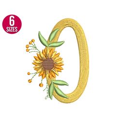 floral font sunflower alphabet o letter embroidery design, machine embroidery file, instant download