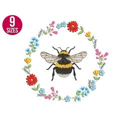 bee floral wreath embroidery design, machine embroidery file, instant download